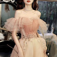 Pink tulle sequins long prom dress pink evening dress - Thumbnail 2