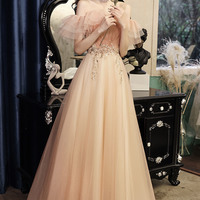 Pink tulle sequins long prom dress pink evening dress - Thumbnail 3