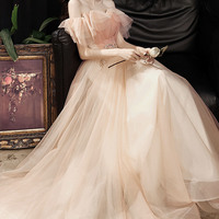 Pink tulle sequins long prom dress pink evening dress - Thumbnail 5