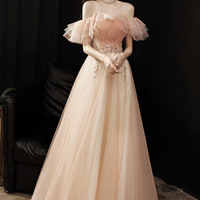 Pink tulle sequins long prom dress pink evening dress - Thumbnail 6