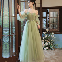 Green tulle long A line prom dress green evening dress - Thumbnail 1