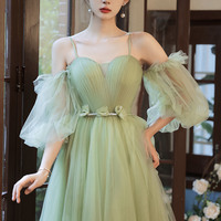 Green tulle long A line prom dress green evening dress - Thumbnail 2