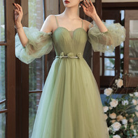 Green tulle long A line prom dress green evening dress - Thumbnail 3