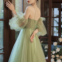 Green tulle long A line prom dress green evening dress - Thumbnail 7