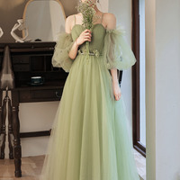 Green tulle long A line prom dress green evening dress - Thumbnail 5