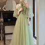 Green tulle long A line prom dress green evening dress-1