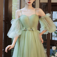 Green tulle long A line prom dress green evening dress - Thumbnail 6