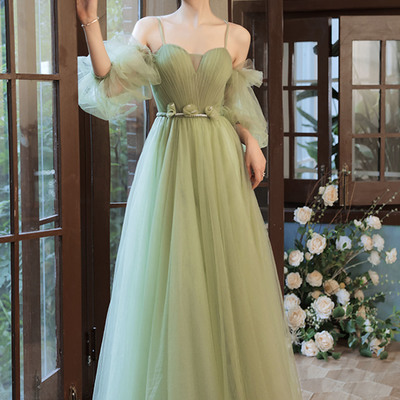 Green tulle long a line prom dress green evening dress