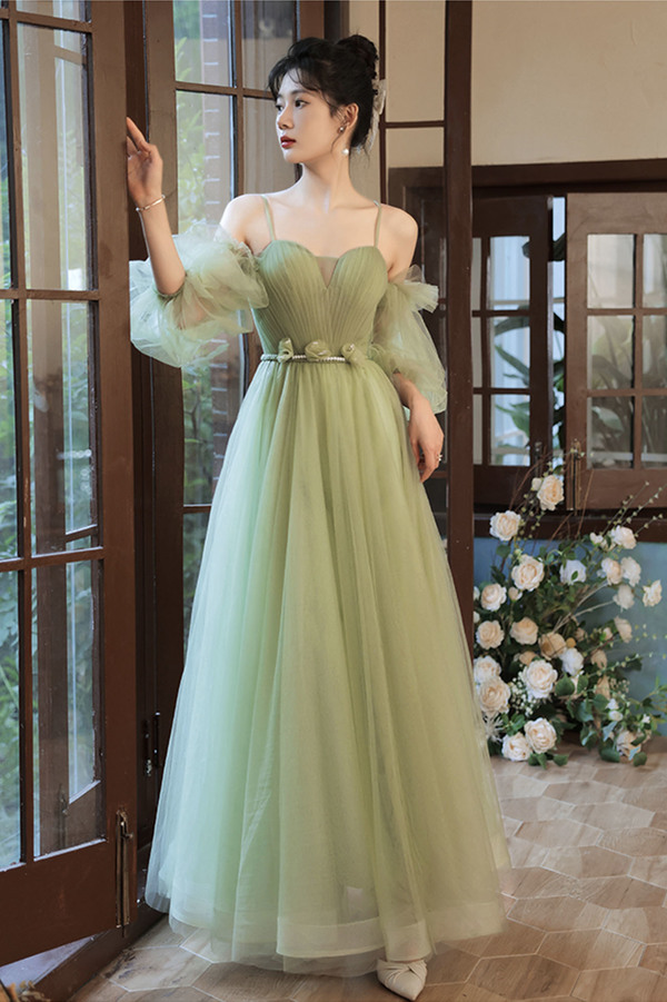 Green tulle long A line prom dress green evening dress