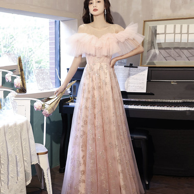 Pink tulle sequins long prom dress pink evening dress - Thumbnail 2