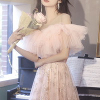 Pink tulle sequins long prom dress pink evening dress - Thumbnail 2