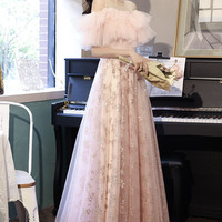 Pink tulle sequins long prom dress pink evening dress - Thumbnail 3