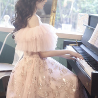 Pink tulle sequins long prom dress pink evening dress - Thumbnail 5