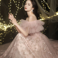 Pink tulle sequins long prom dress pink evening dress - Thumbnail 6