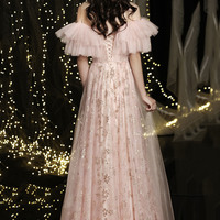 Pink tulle sequins long prom dress pink evening dress - Thumbnail 7