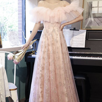Pink tulle sequins long prom dress pink evening dress - Thumbnail 8