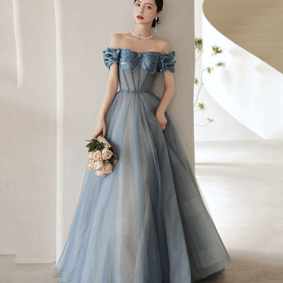 Blue tulle sequins long prom dress blue evening dress - Thumbnail 2