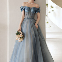 Blue tulle sequins long prom dress blue evening dress - Thumbnail 8
