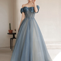 Blue tulle sequins long prom dress blue evening dress - Thumbnail 2