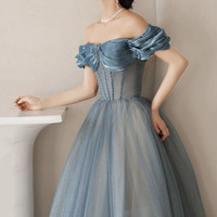 Blue tulle sequins long prom dress blue evening dress - Thumbnail 3