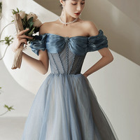 Blue tulle sequins long prom dress blue evening dress - Thumbnail 4