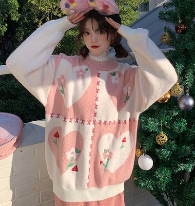 Japanese Girl Women Sweet Heart Love Flower Nature Pattern Knit Pink White Sweater