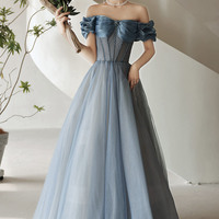 Blue tulle sequins long prom dress blue evening dress - Thumbnail 6