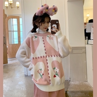 Japanese Girl Women Sweet Heart Love Flower Nature Pattern Knit Pink White Sweater - Thumbnail 2