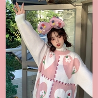 Japanese Girl Women Sweet Heart Love Flower Nature Pattern Knit Pink White Sweater - Thumbnail 4