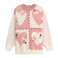 Japanese Girl Women Sweet Heart Love Flower Nature Pattern Knit Pink White Sweater - Thumbnail 6