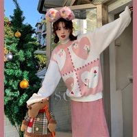Japanese Girl Women Sweet Heart Love Flower Nature Pattern Knit Pink White Sweater - Thumbnail 3