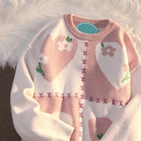 Japanese Girl Women Sweet Heart Love Flower Nature Pattern Knit Pink White Sweater - Thumbnail 7