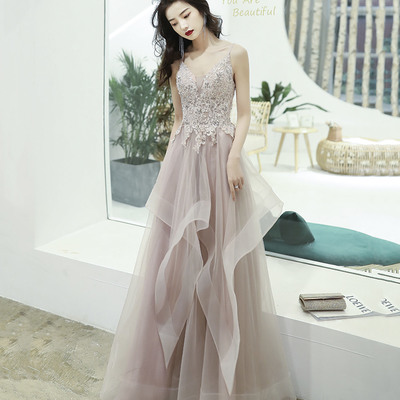 Cute tulle lace long prom dress a line evening gown