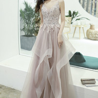 Cute tulle lace long prom dress A line evening gown - Thumbnail 1