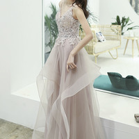 Cute tulle lace long prom dress A line evening gown - Thumbnail 3