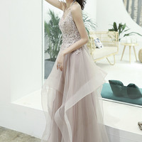 Cute tulle lace long prom dress A line evening gown - Thumbnail 4