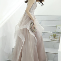 Cute tulle lace long prom dress A line evening gown - Thumbnail 5