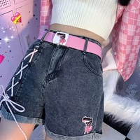 Korean Cute Summer Spring High Waist Embroidery Cross Pink Strap Bow Loose Wide Pant Denim Jeans Shorts - Thumbnail 3