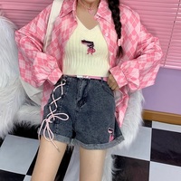 Korean Cute Summer Spring High Waist Embroidery Cross Pink Strap Bow Loose Wide Pant Denim Jeans Shorts - Thumbnail 4