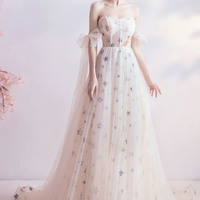 Champagne tulle sequins long prom dress with star - Thumbnail 2