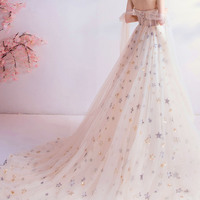 Champagne tulle sequins long prom dress with star - Thumbnail 8