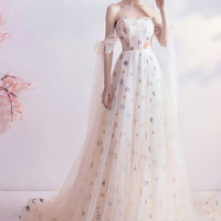 Champagne tulle sequins long prom dress with star - Thumbnail 6