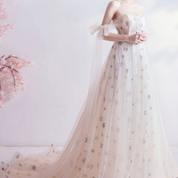 Champagne tulle sequins long prom dress with star - Thumbnail 7