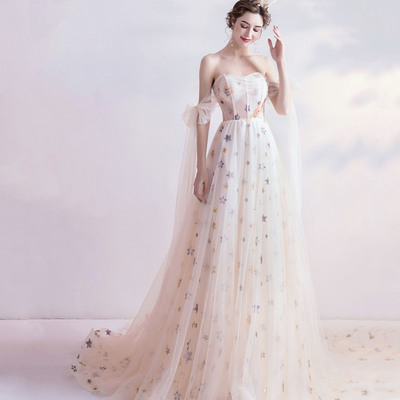 Champagne tulle sequins long prom dress with star - Thumbnail 1