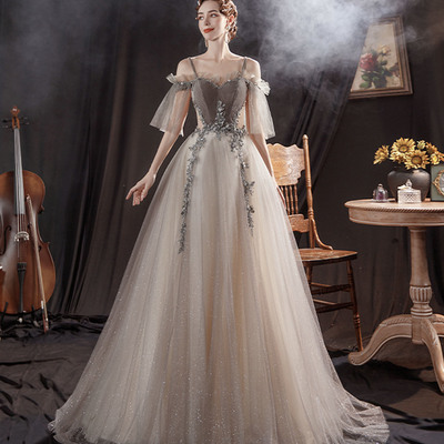 Gray tulle sequins long prom dress a line evening gown - Thumbnail 3