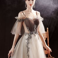 Gray tulle sequins long prom dress A line evening gown - Thumbnail 1