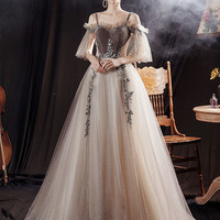 Gray tulle sequins long prom dress A line evening gown - Thumbnail 2