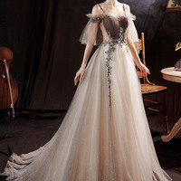 Gray tulle sequins long prom dress A line evening gown - Thumbnail 6