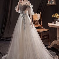 Gray tulle sequins long prom dress A line evening gown - Thumbnail 7