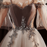 Gray tulle sequins long prom dress A line evening gown - Thumbnail 3